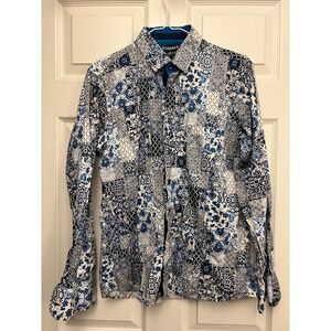 Barabas Casual Button Down Shirt Men's Large Blue Floral Paisley Abstract Preppy